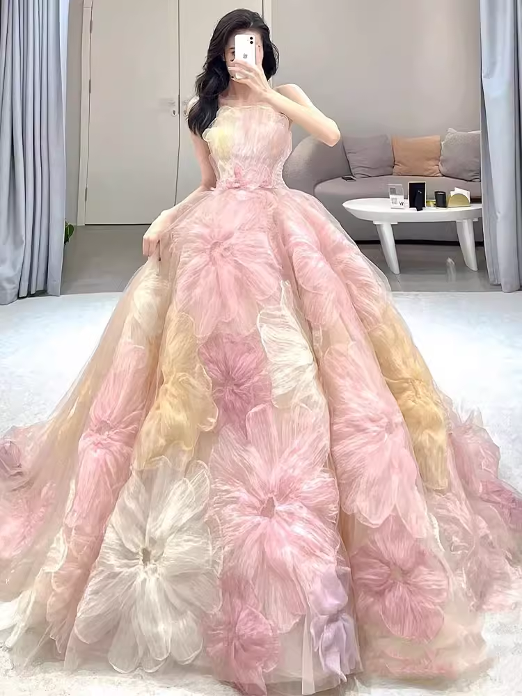 Cute Ball Gown Strapless Neckline Tulle Pink Flowers Wedding Dress