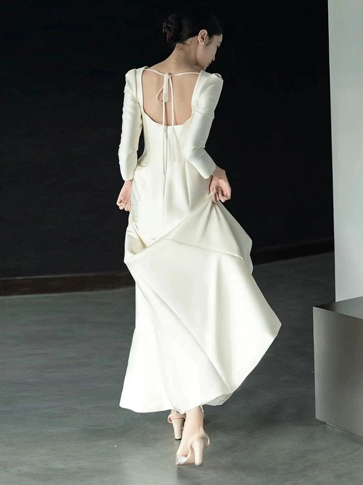 Unique Mermaid Square Neckline Long Sleeves White Satin Wedding Dresses
