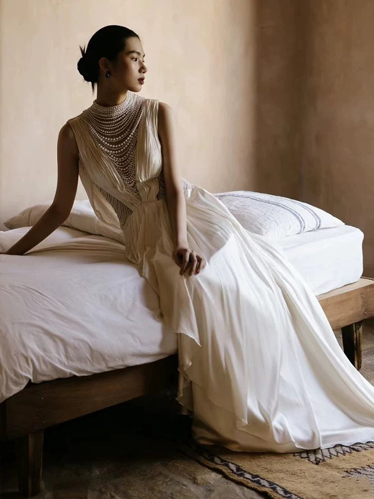 Unique A line High Neckline Chiffon Long Pearls White Wedding Dresses With Ruffles
