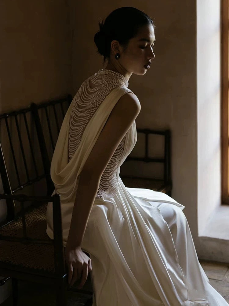 Unique A line High Neckline Chiffon Long Pearls White Wedding Dresses With Ruffles