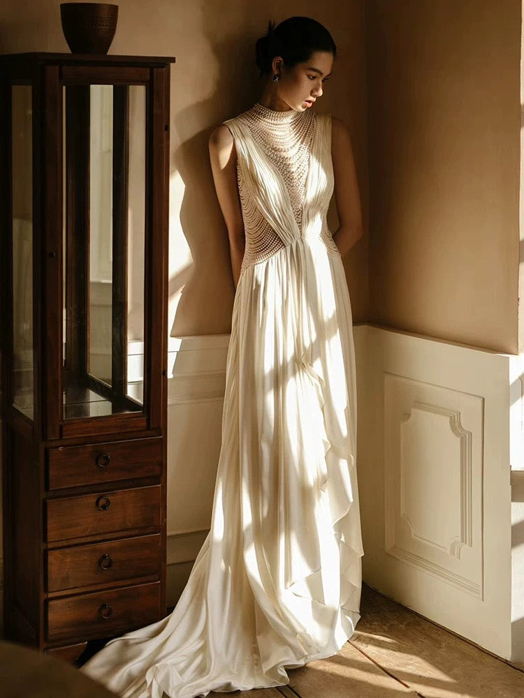 Unique A line High Neckline Chiffon Long Pearls White Wedding Dresses With Ruffles