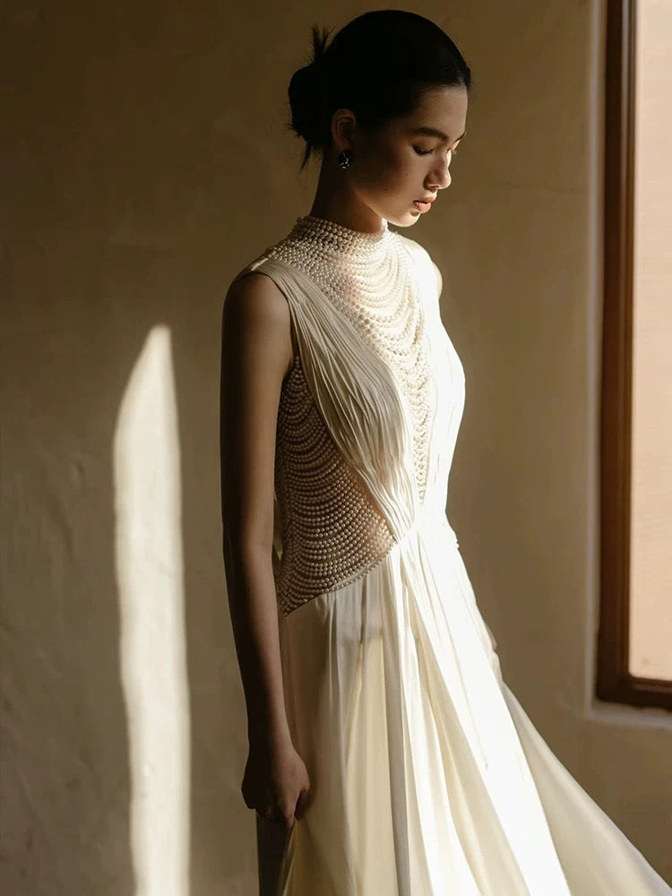 Unique A line High Neckline Chiffon Long Pearls White Wedding Dresses With Ruffles