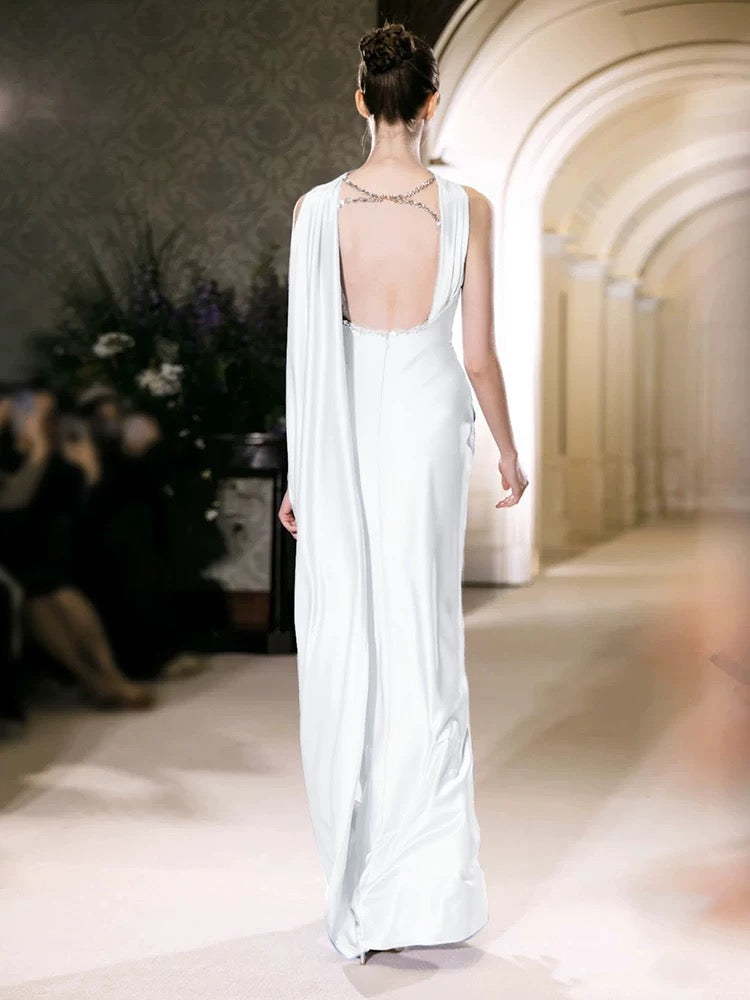 Unique Sheath Strapless Satin Slit White Wedding Dresses With Ribbon
