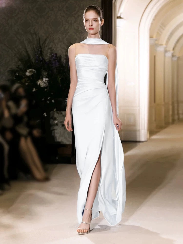 Unique Sheath Strapless Satin Slit White Wedding Dresses With Ribbon