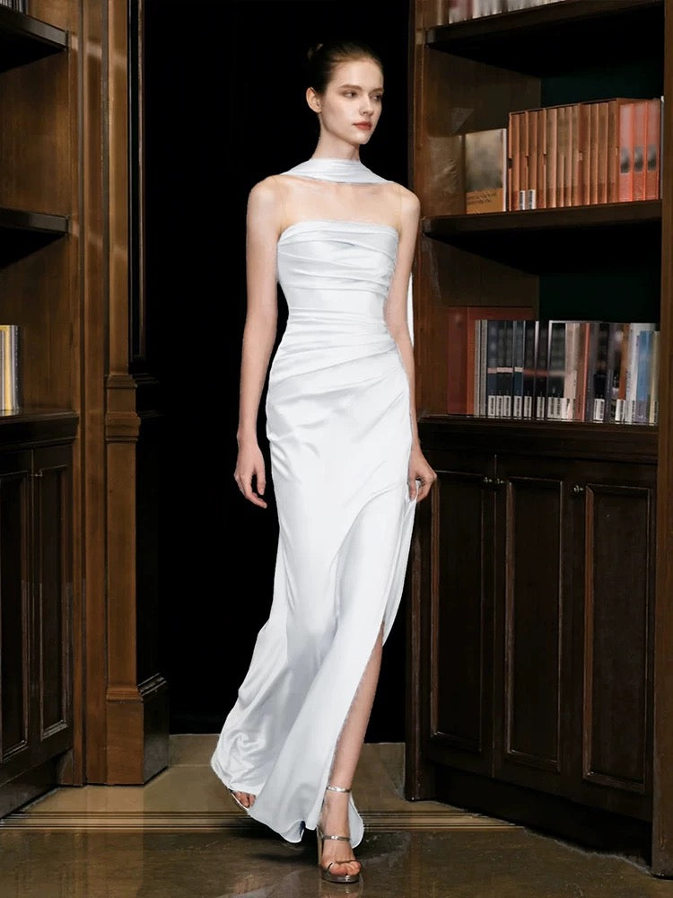 Unique Sheath Strapless Satin Slit White Wedding Dresses With Ribbon