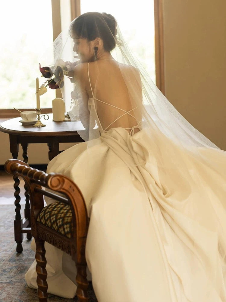Unique Ball Gown Scoop Satin Backless Long White Wedding Dresses