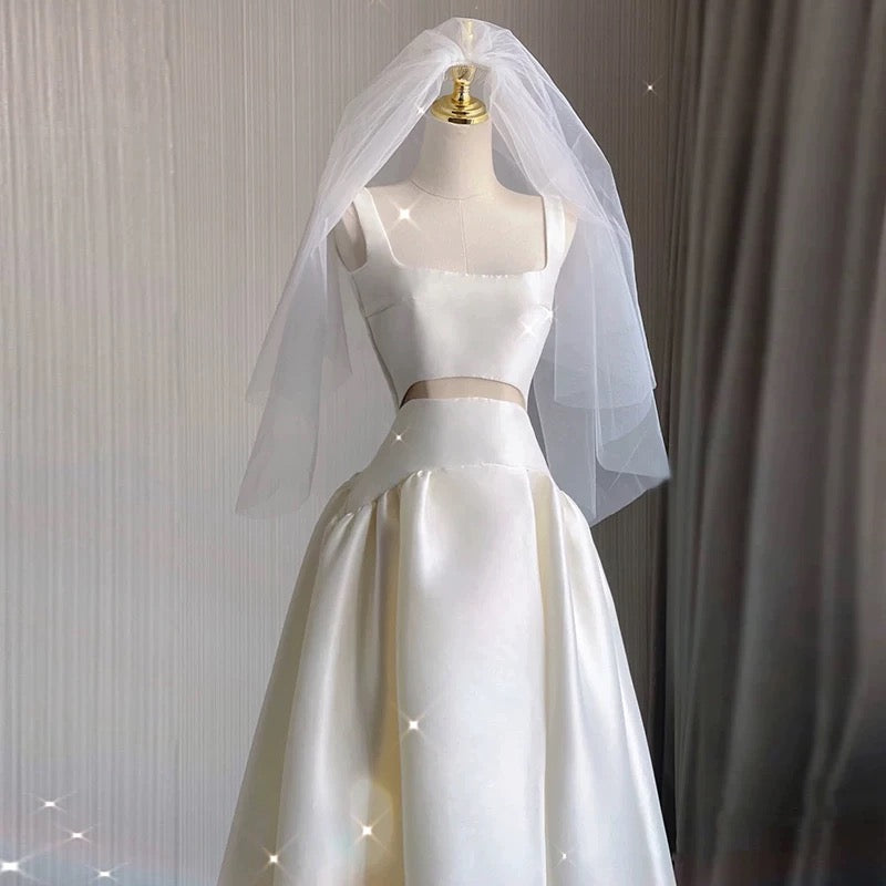 Unique High Low Straps Satin Long White Wedding Dresses