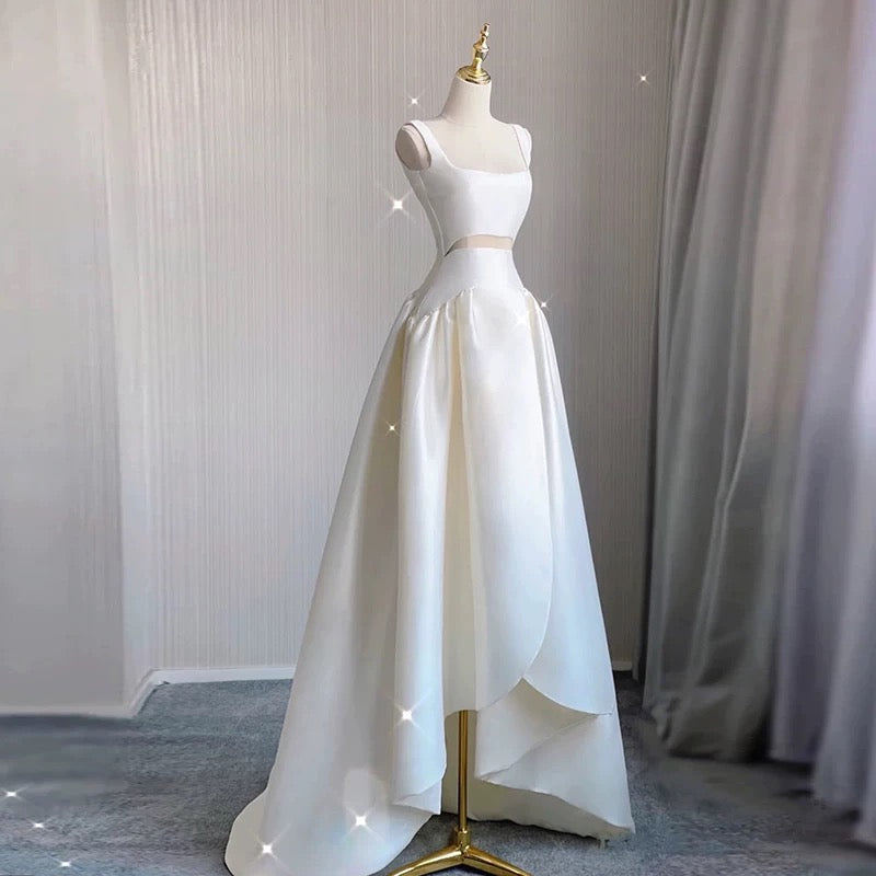 Unique High Low Straps Satin Long White Wedding Dresses