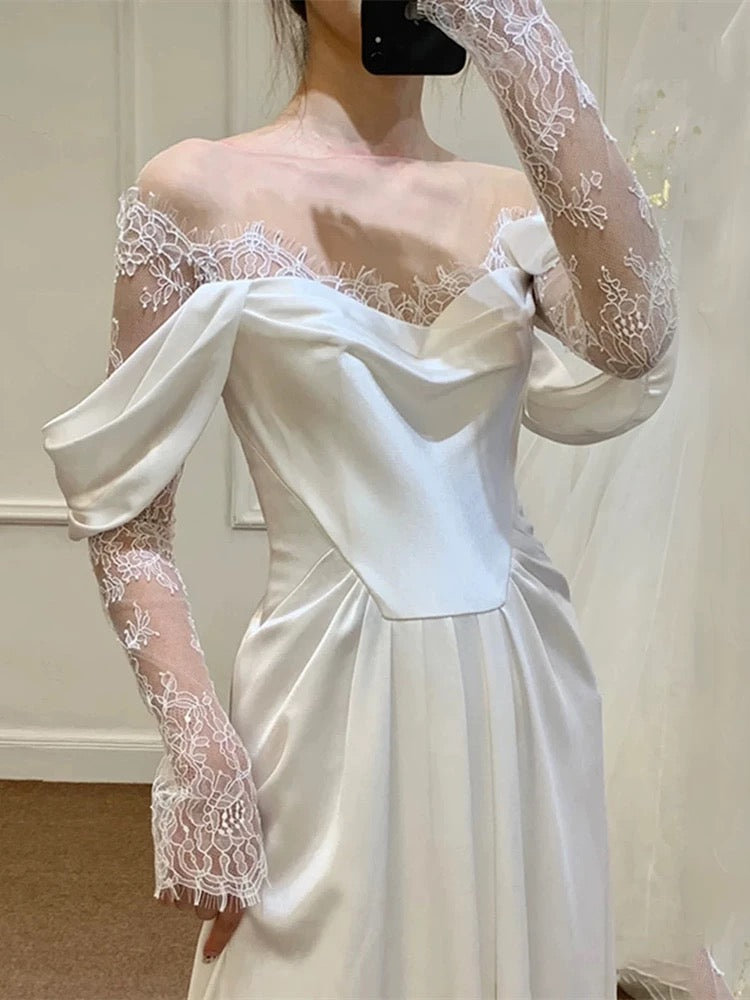 Unique Sheath Off The Shoulder Satin Long Sleeves White Slit Wedding Dresses