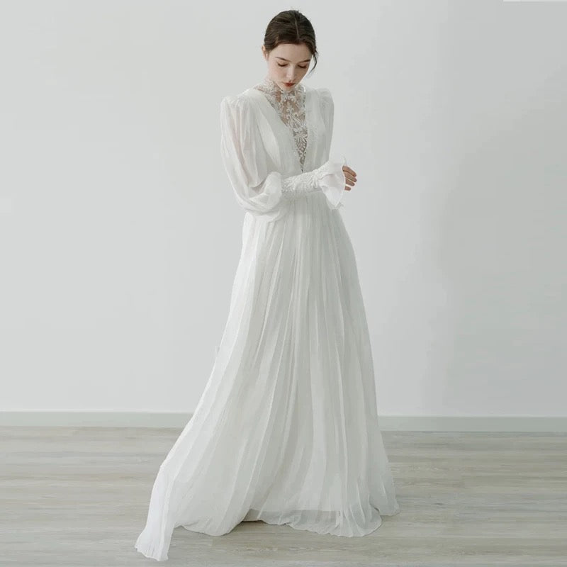 Chic A line High Neckline Lace Long Sleeves White Wedding Dresses