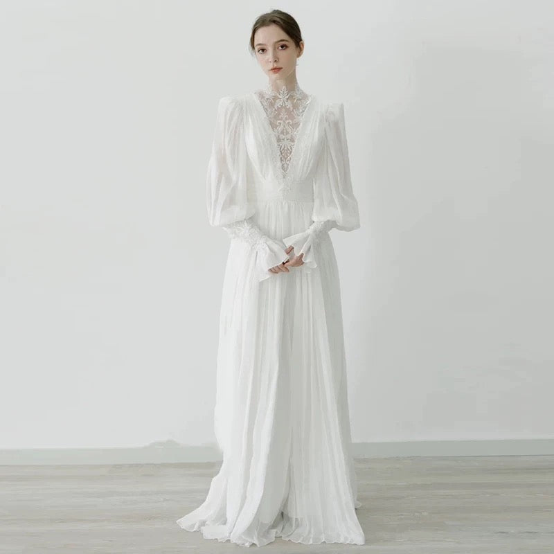 Chic A line High Neckline Lace Long Sleeves White Wedding Dresses