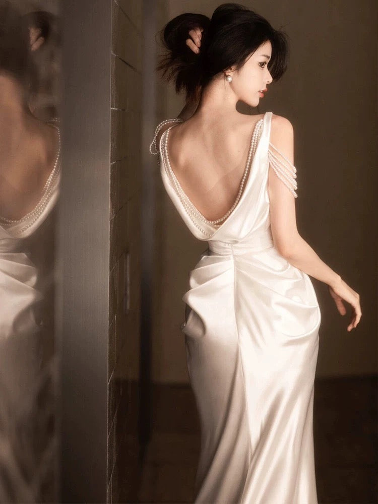 Unique Sheath Straps Satin Long White Slit Pearls Wedding Dresses