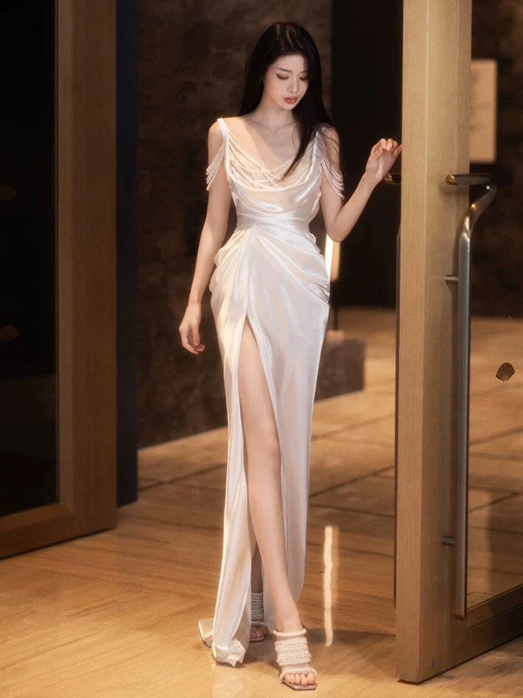 Unique Sheath Straps Satin Long White Slit Pearls Wedding Dresses