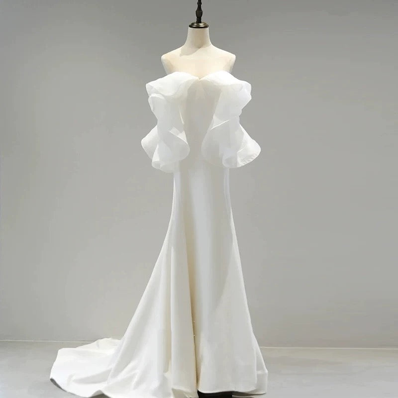 Sexy Sheath Off The Shoulder Chiffon Long White Wedding Dresses With Ruffles
