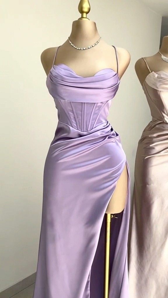 Modest Sheath Straps Satin Slit Prom Dress Long Evening Dresses With Ruffles