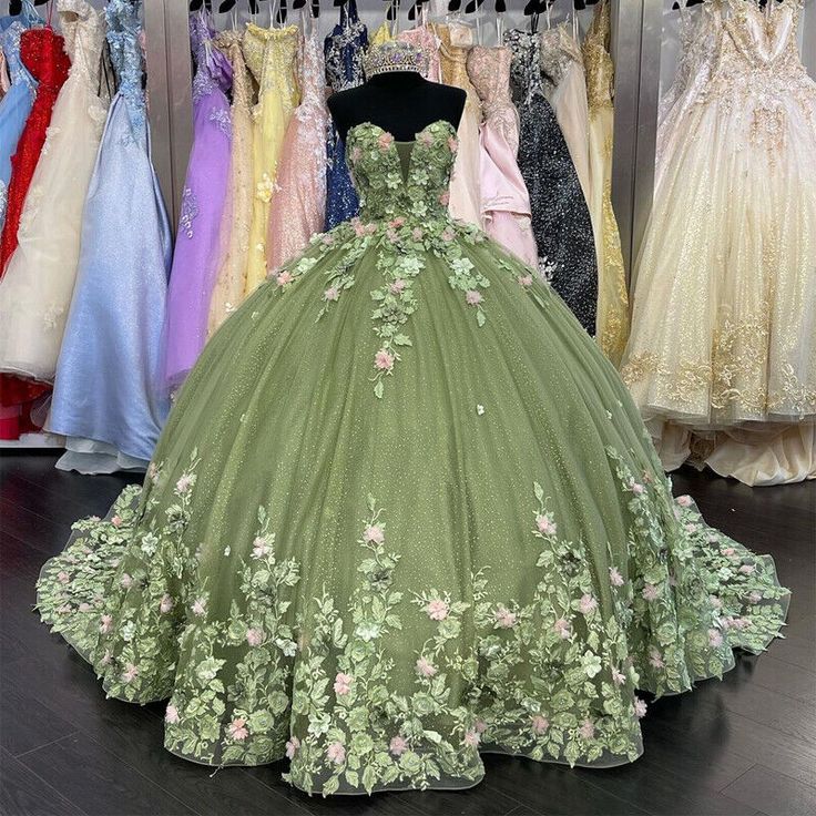 Modest Ball Gown Sweetheart Tulle Long Sage Green Formal Sweet 16 Dress Prom Dresses