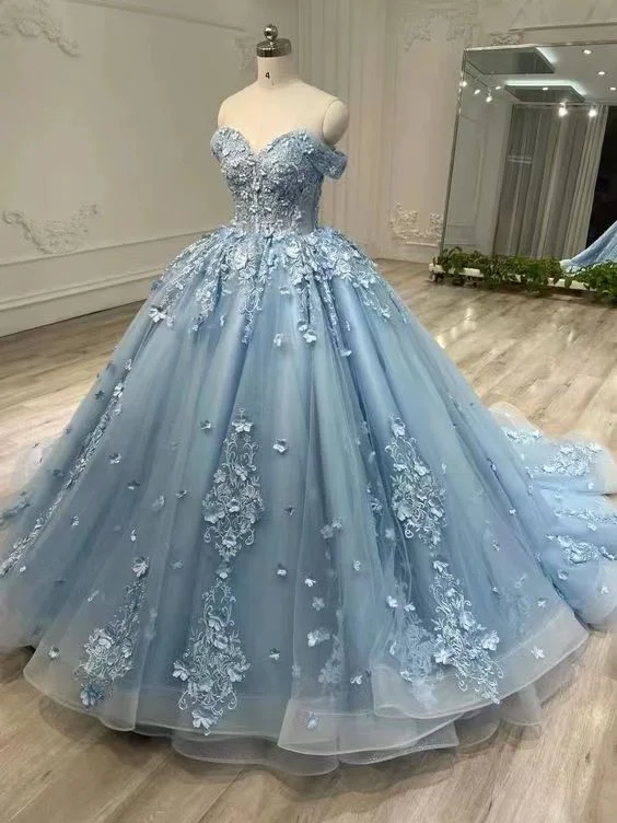Modest Ball Gown Off The Shoulder Sweetheart Tulle Long Light Sky Blue Sweet 16 Dresses
