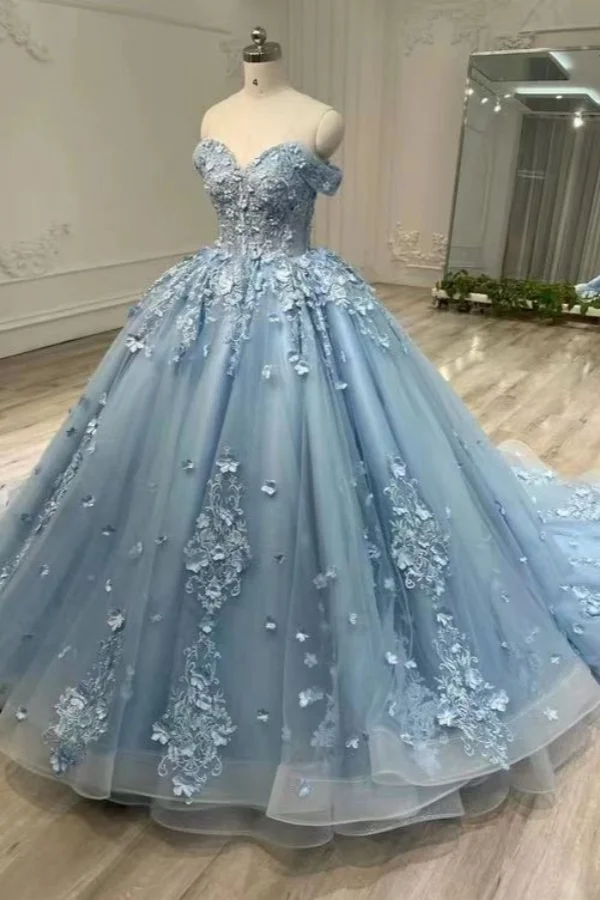 Modest Ball Gown Off The Shoulder Sweetheart Tulle Long Light Sky Blue Sweet 16 Dresses