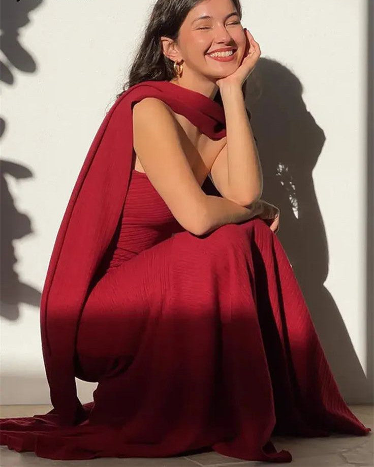 Modest Mermaid Strapless Red Long Prom Dress Evening Dresses With Ribbon