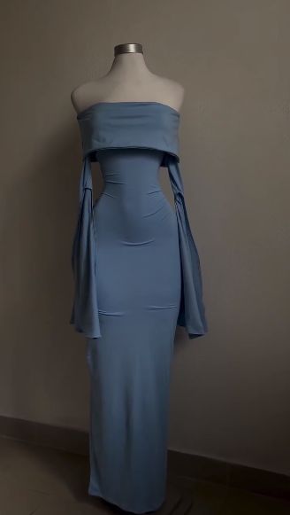 Modest Sheath Strapless Blue Long Sleeves Prom Dress Evening Dresses