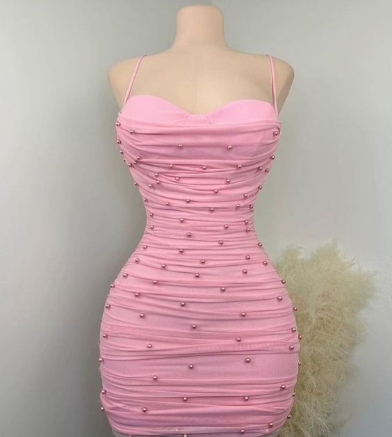 Simple Sheath Straps Pink Short Pearls Homecoming Dresses