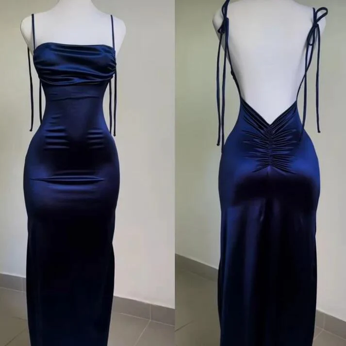 Navy Blue Sheath Long Prom Dress Backless Evening Party Dress