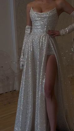 Modest A Line Strapless Sequin Long Prom Dress Slit Evening Dresses With Gloves