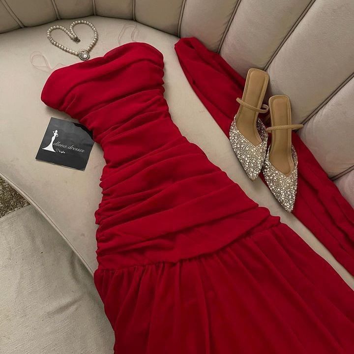 Modest Sheath Strapless Red Long Prom Dress Ruffles Evening Dresses