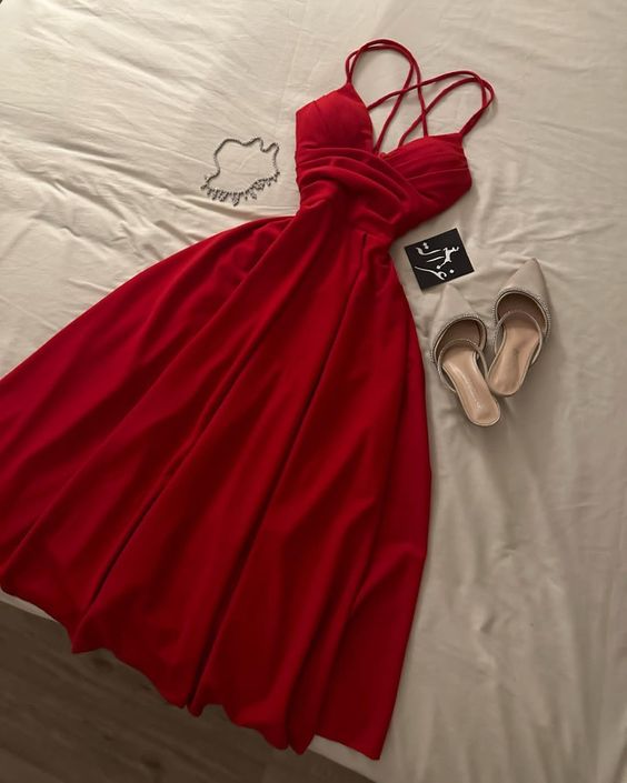 Simple A line Spagehtti Straps Red Knee Length Chiffon Homecoming Dresses Party Dress