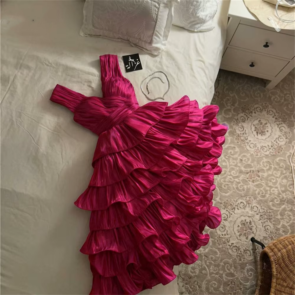 Simple Ball Gown Straps Hot Pink knee Length Ruffles Homecoming Dresses