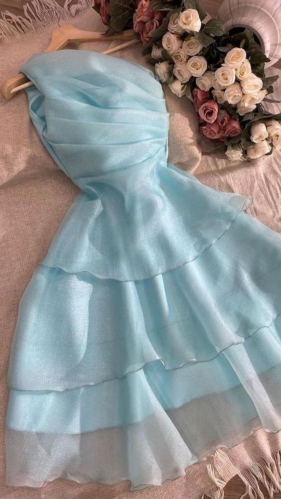 Simple A line One Shoulder Blue Short Ruffles Homecoming Dresses