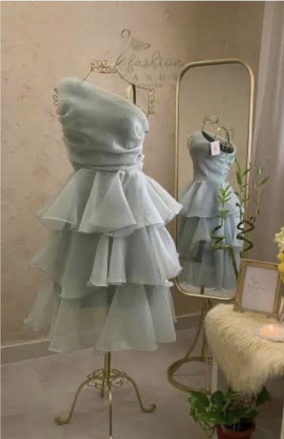Simple A line One Shoulder Gray Short Ruffles Homecoming Dresses