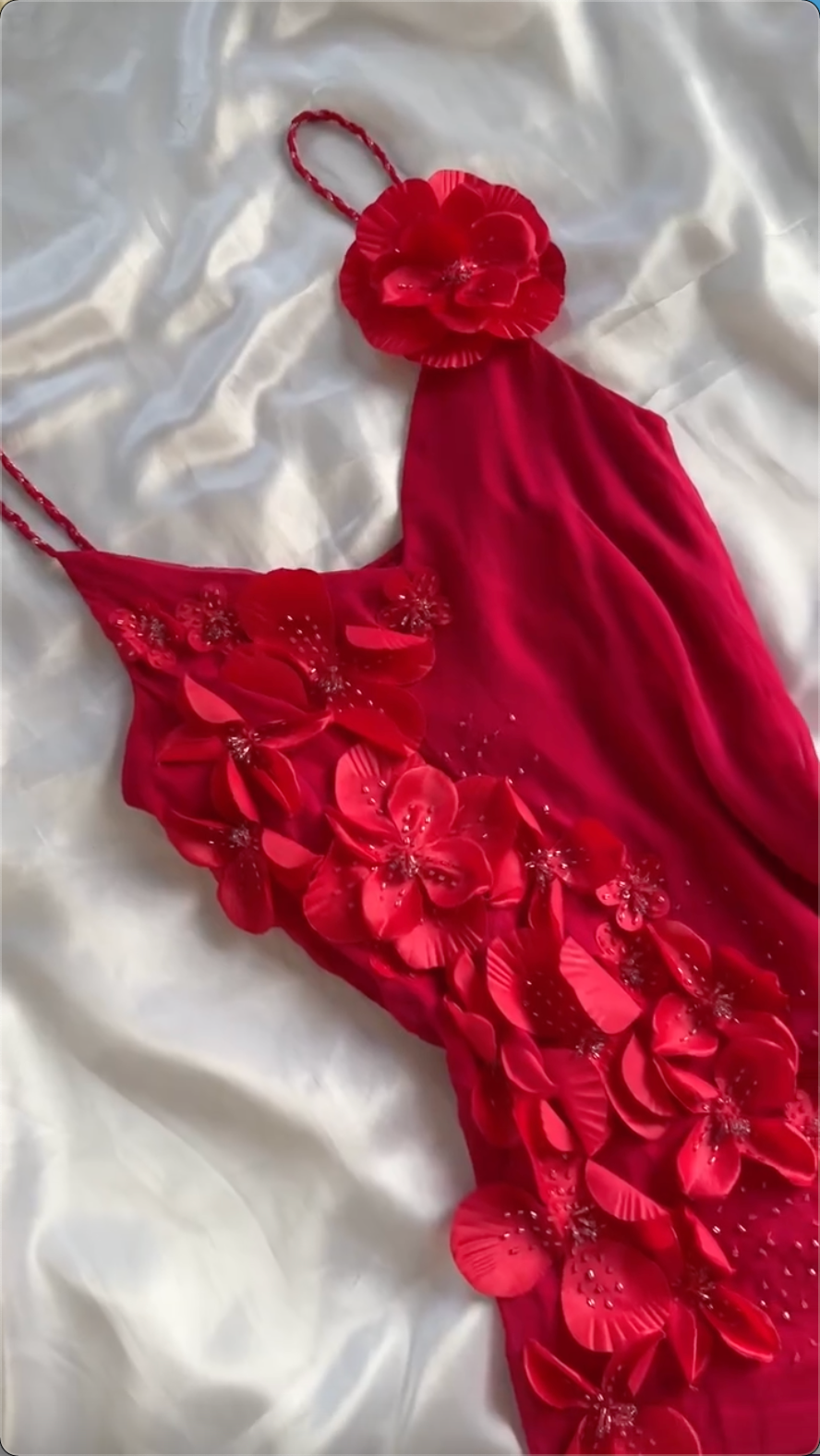 Simple A Line Spaghetti Straps Chiffon Red Prom Dress Formal Dress With Flowers