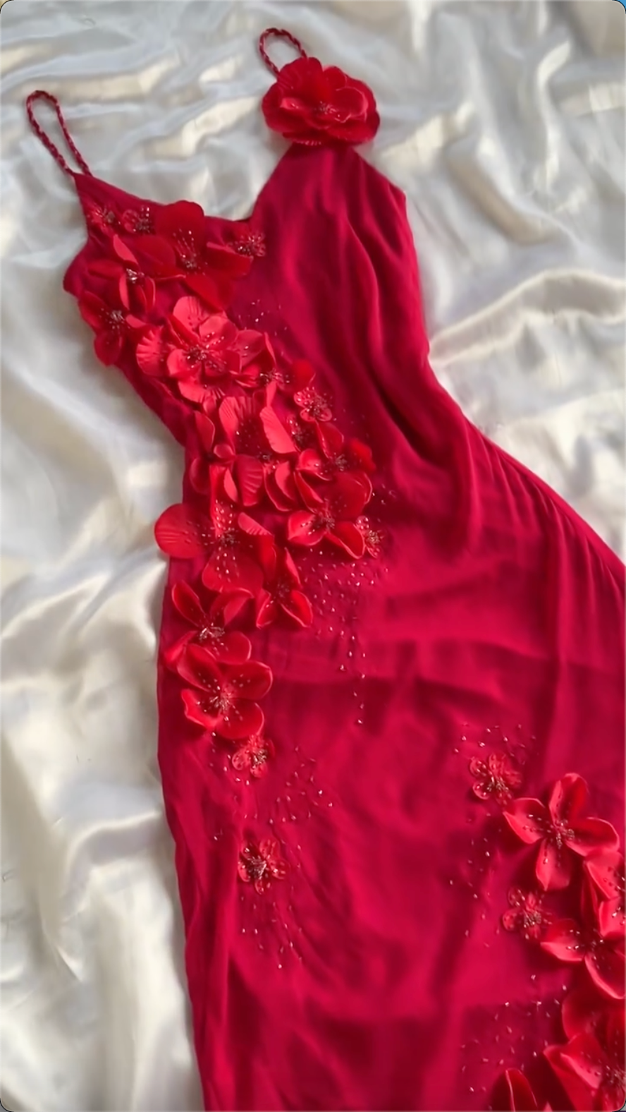 Simple A Line Spaghetti Straps Chiffon Red Prom Dress Formal Dress With Flowers
