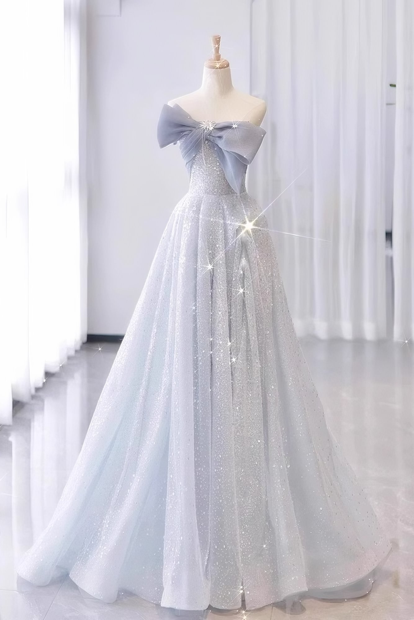 Modest A line Strapless Neckline Gray Sequin Long Prom Dress Evening Dresses