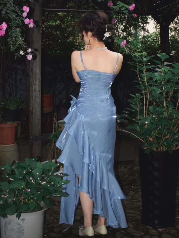 Elegant Sheath Spaghetti Straps Sky Blue Vintage Floral Dress Asymmetrical Hem Prom Dresses