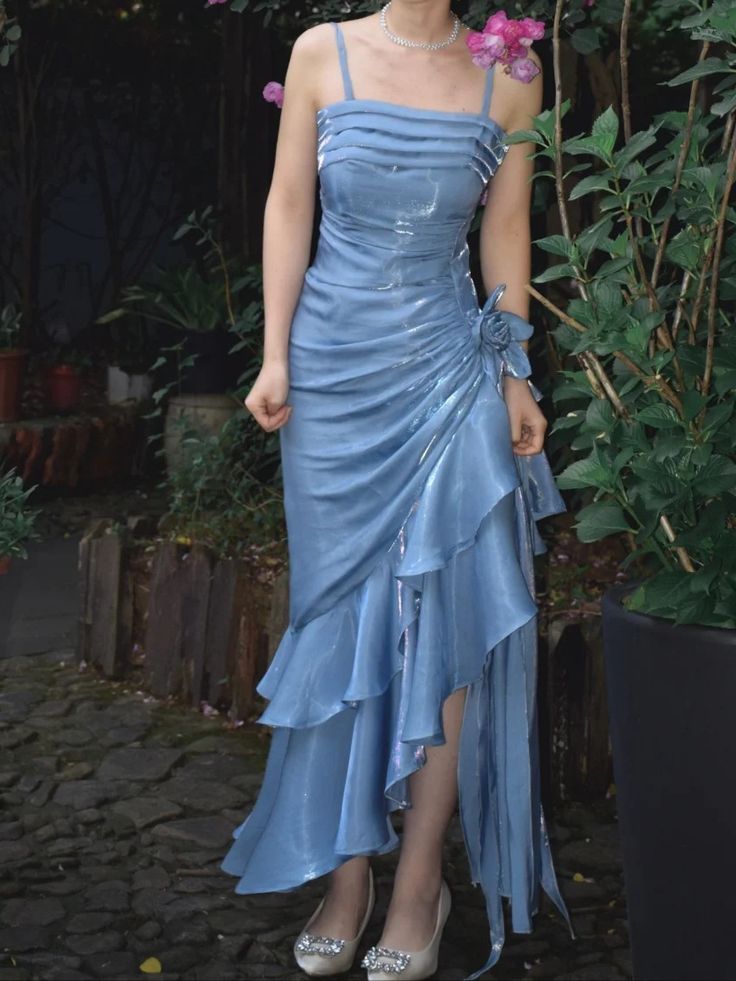 Elegant Sheath Spaghetti Straps Sky Blue Vintage Floral Dress Asymmetrical Hem Prom Dresses