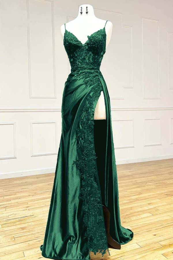 Chic Sheath Spaghetti Straps Burgundy Satin Prom Dress Formal Dress With Ruffles