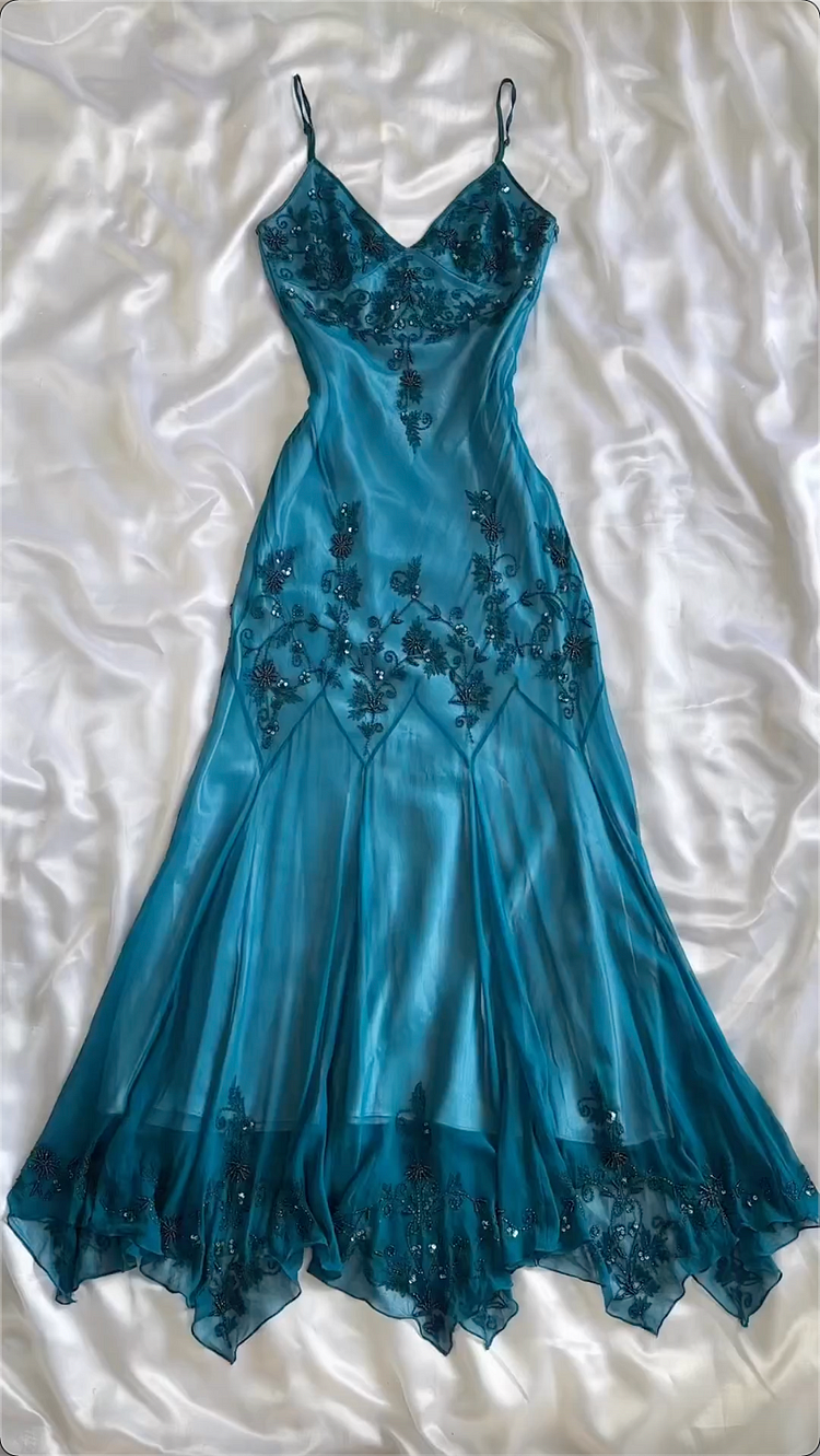 Modest Sheath Spaghetti Straps Chiffon Blue Prom Dress Party Dress With Beads