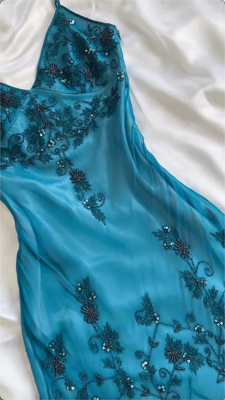 Modest Sheath Spaghetti Straps Chiffon Blue Prom Dress Party Dress With Beads