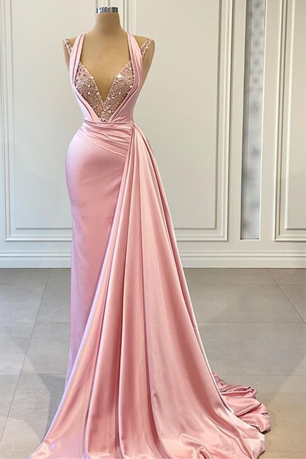 Romantic Pink Mermaid Long Slit Prom Dress With Ruffles