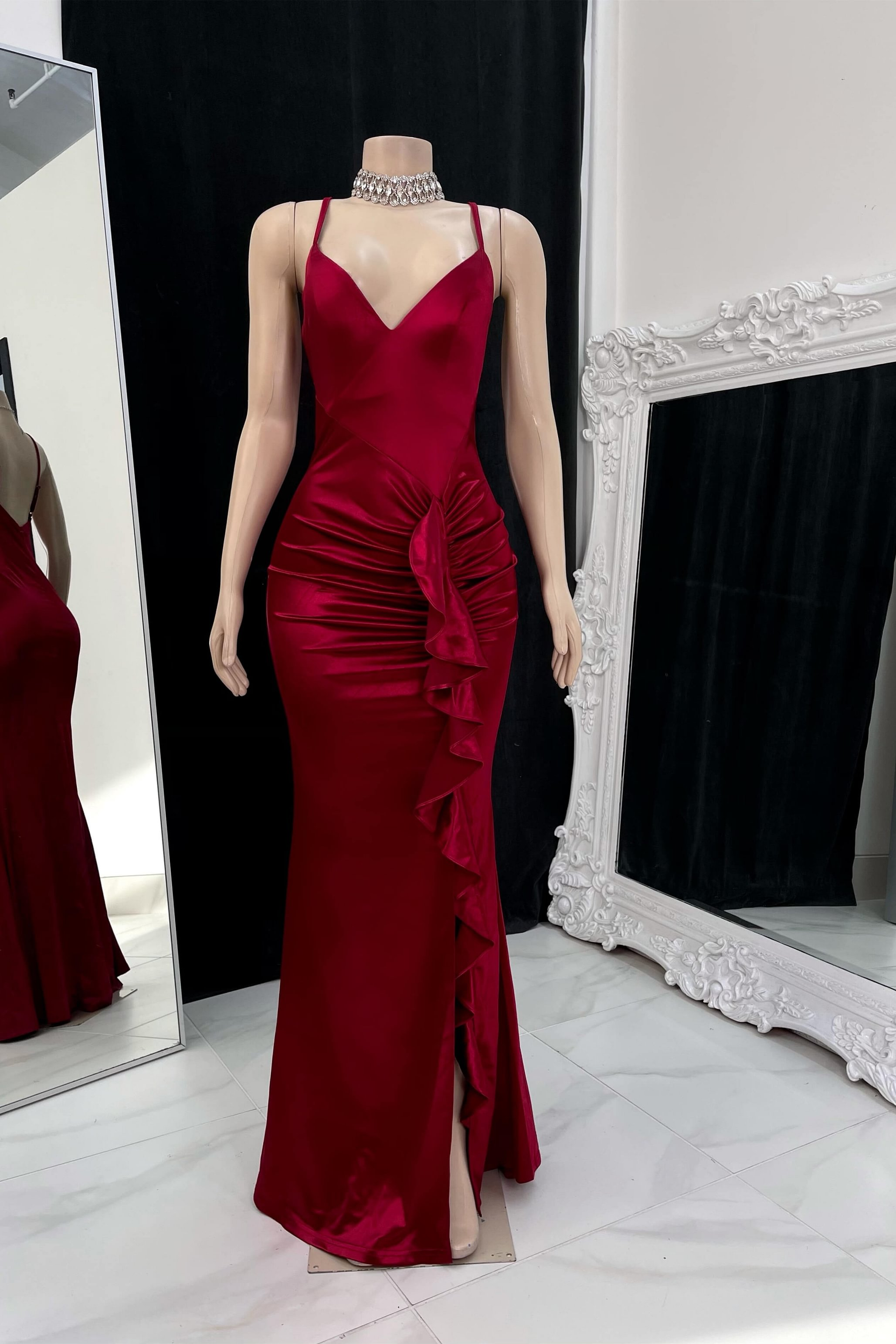 Sexy Mermaid Burgundy Slit Spaghetti Straps Prom Dresses