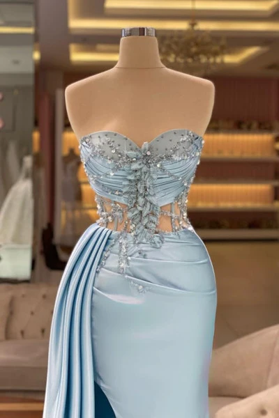 Sexy Mermaid Light Sky Blue Slit Sweetheart Long Prom Dresses