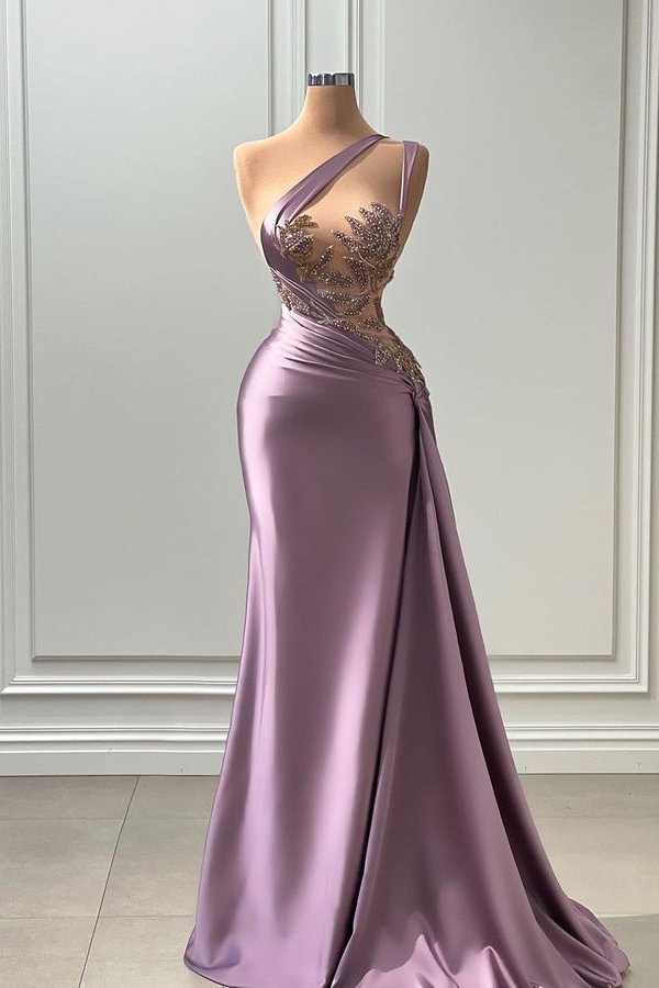 Gorgeous Light Purple One-Shoulder Mermaid Prom Dress with Beads and Split