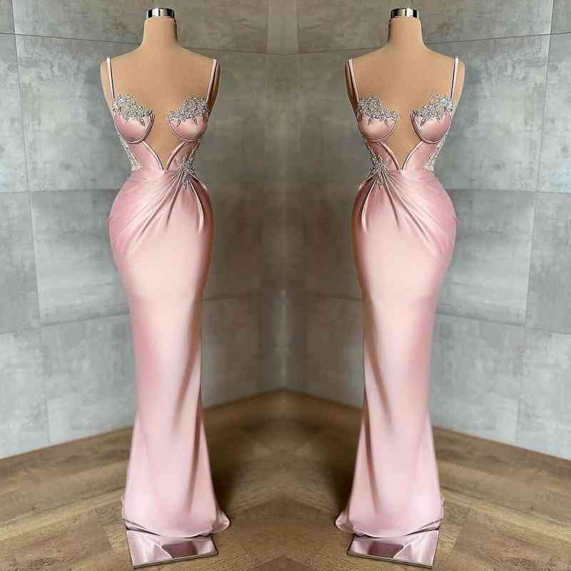 Beautiful Pink Prom Dress with Spaghetti Straps and Beadings