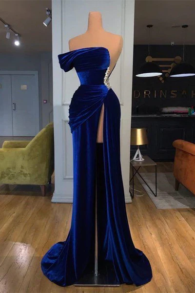 Beautiful Mermaid Royal Blue Velvet Prom Dress with Beadings