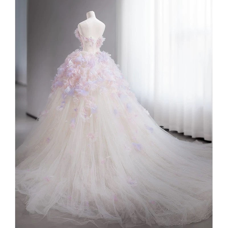 Modest Ball Gown Sweetheart Tulle Long Flowers Sweet 16 Dresses