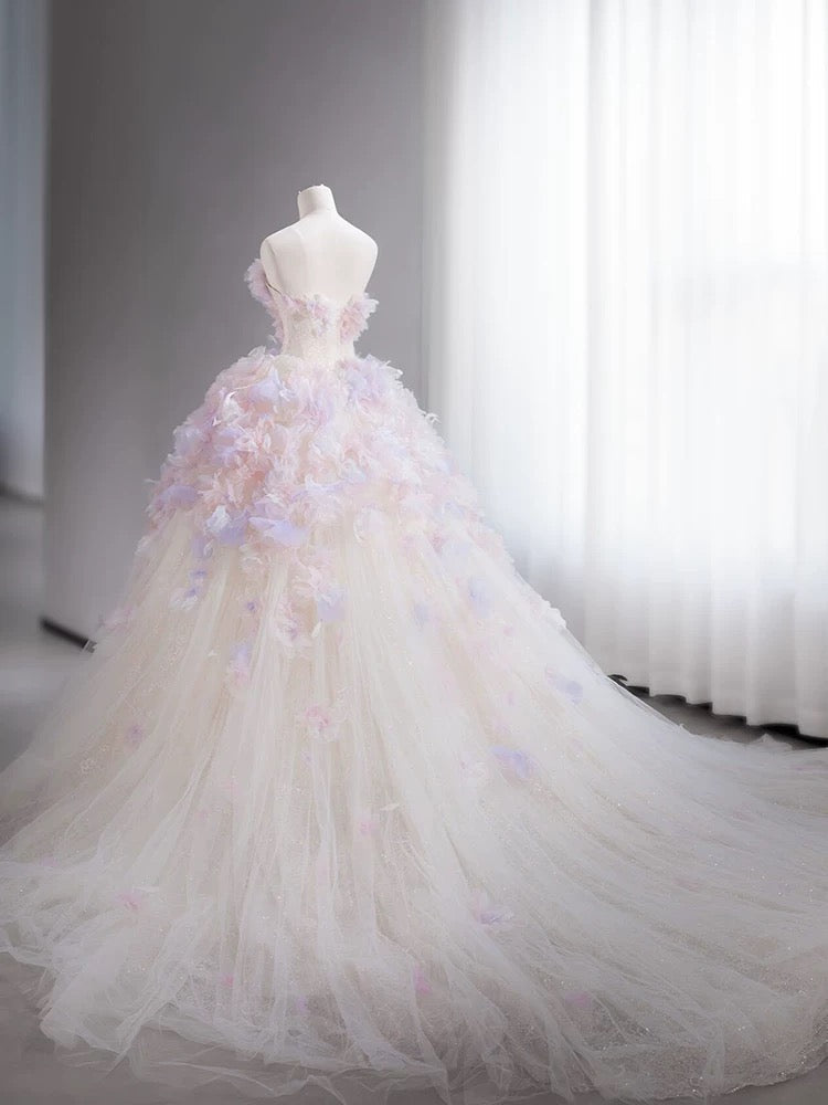 Modest Ball Gown Sweetheart Tulle Long Flowers Sweet 16 Dresses