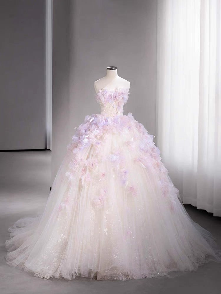 Modest Ball Gown Sweetheart Tulle Long Flowers Sweet 16 Dresses