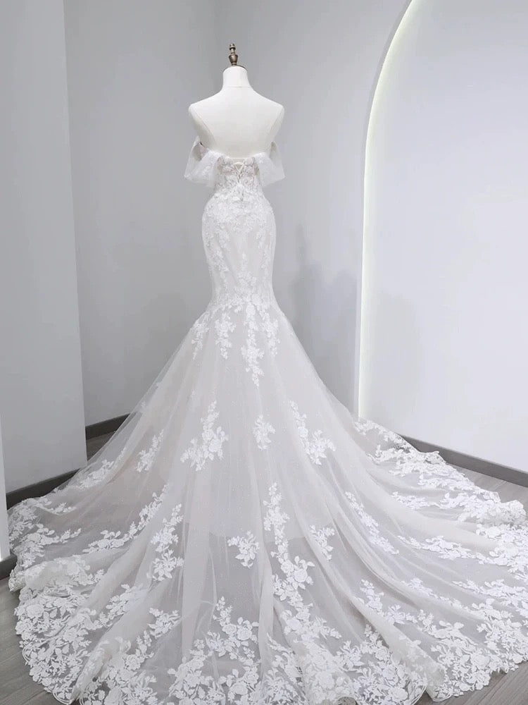 Sexy Mermaid Off The Shoulder Lace Long Sleeves White Wedding Dresses